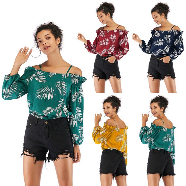 women leaf printed chiffon lady fashion long sleeve slash neck shirts casual off shoulder strap blouse, White
women leaf printed chiffon lady fashion long sleeve slash neck shirts casual off shoulder strap blouse, White
