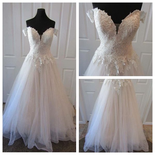romantic off-shoulder a line wedding dresses with sleeves delicate lace appliques wedding gowns with chapel train vestidos de novia, White
romantic off-shoulder a line wedding dresses with sleeves delicate lace appliques wedding gowns with chapel train vestidos de novia, White