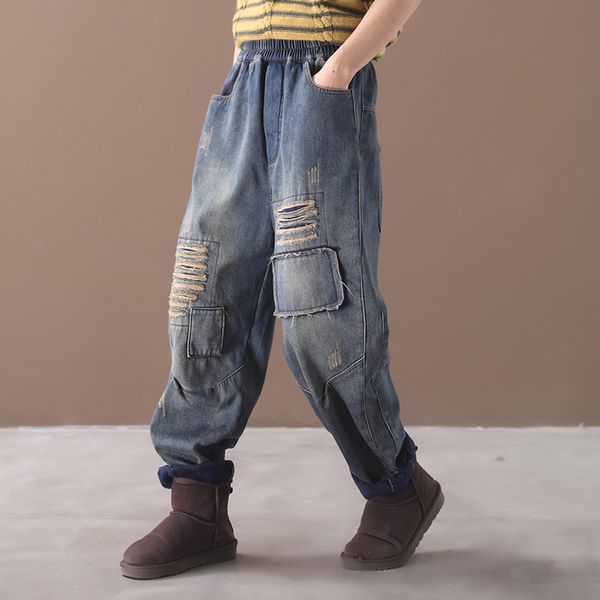 female new winter korean style plus size artistic washed and ripped white harenga with velvet loose jeans, Blue
female new winter korean style plus size artistic washed and ripped white harenga with velvet loose jeans, Blue