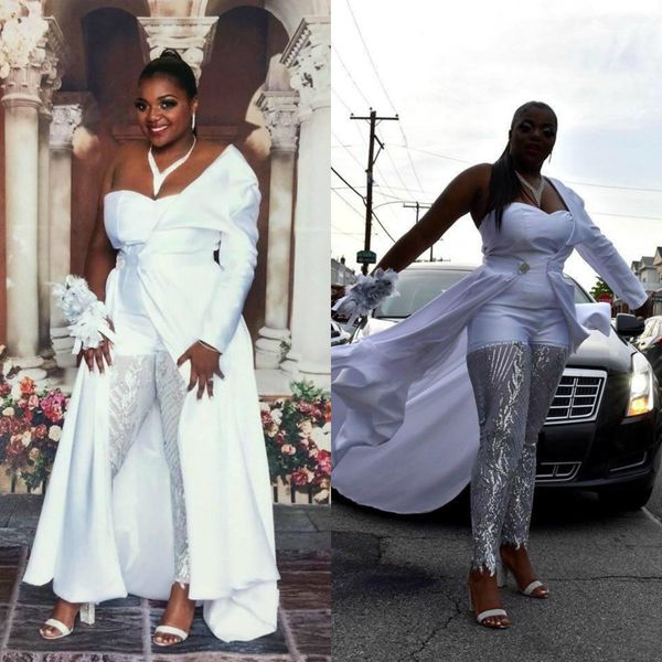 2020 new white jumpsuits plus size prom dresses with one shoulder satin detachable train evening celebrity gowns lace sequined, Black
2020 new white jumpsuits plus size prom dresses with one shoulder satin detachable train evening celebrity gowns lace sequined, Black