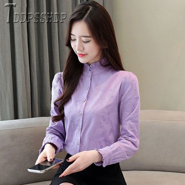 2019 cotton embroidery women blouse stand collar long sleeve female blouses, White
2019 cotton embroidery women blouse stand collar long sleeve female blouses, White