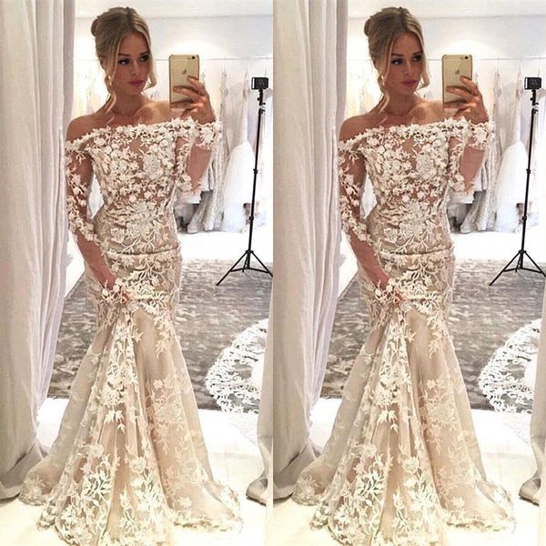arabic champagne new romantic mermaid wedding dresses off shoulder illusion long sleeves lace appliques flowers formal bridal gowns, White
arabic champagne new romantic mermaid wedding dresses off shoulder illusion long sleeves lace appliques flowers formal bridal gowns, White