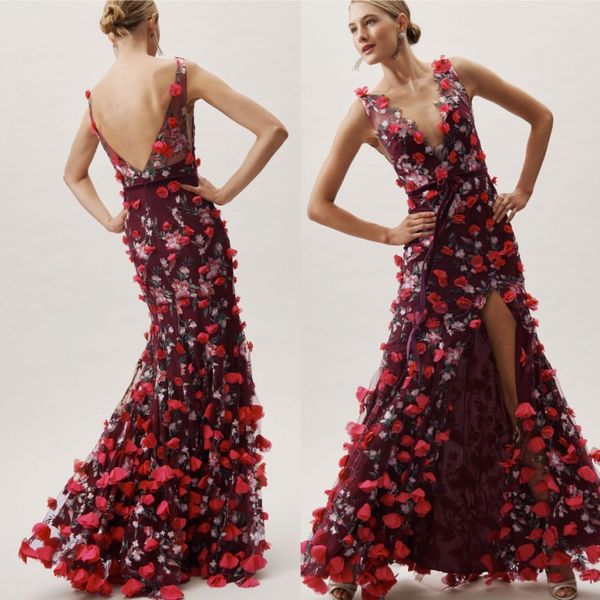 burgundy embroidery mermaid prom dresses sheer deep v neck 3d appliqued split side evening gowns backless floor length formal dress, Black
burgundy embroidery mermaid prom dresses sheer deep v neck 3d appliqued split side evening gowns backless floor length formal dress, Black