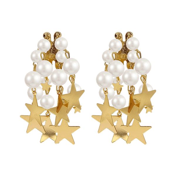 artificial pearl five-pointed star tassel long earrings woman temperament personality earrings female exaggerated earrings j190718, Golden;silver