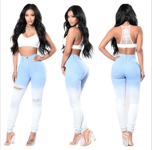 новый синий белый градиент повседневные джинсы для женщин отверстие рваные узкие push up карандаш брюки высокая талия стрейч тонкий джинсы, Blue 
новый синий белый градиент повседневные джинсы для женщин отверстие рваные узкие push up карандаш брюки высокая талия стрейч тонкий джинсы, Blue