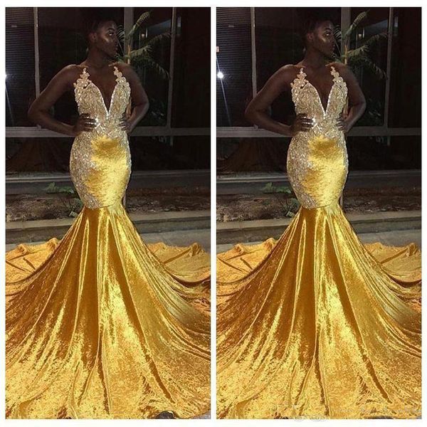 2019 Elegant Yellow Velvet Prom Dresses For Black Girl Long Mermaid Halter Lace Appliques Evening Gowns Backless Sweep Train Prom Wear
2019 Elegant Yellow Velvet Prom Dresses For Black Girl Long Mermaid Halter Lace Appliques Evening Gowns Backless Sweep Train Prom Wear