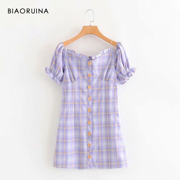 biaoruina women's single breasted purple plaid mini dress short puff sleeve ruffled slash neck high waist elegant dress, Black;gray
biaoruina women's single breasted purple plaid mini dress short puff sleeve ruffled slash neck high waist elegant dress, Black;gray