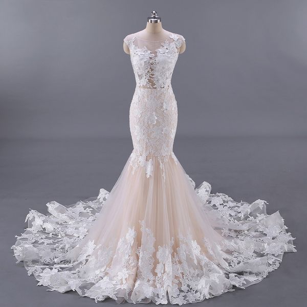 romantic champagne flowers mermaid wedding gowns jewel sheer neck appliques tulle court train bohemian backless designer cheap, White
romantic champagne flowers mermaid wedding gowns jewel sheer neck appliques tulle court train bohemian backless designer cheap, White