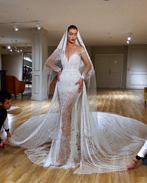 2020 luxury full pearls beaded mermaid wedding dresses cathedral train plus size sheath bridal gown with veils, White
2020 luxury full pearls beaded mermaid wedding dresses cathedral train plus size sheath bridal gown with veils, White