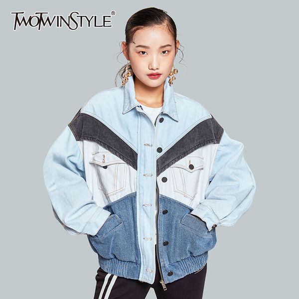 twotwinstyle loose fit blue split joint big size denim jacket new lapel long sleeve women coat fashion tide autumn winter 2019, Black;brown
twotwinstyle loose fit blue split joint big size denim jacket new lapel long sleeve women coat fashion tide autumn winter 2019, Black;brown