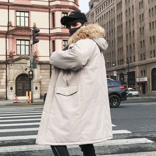 winter mens thick padded long jacket fur collar hoody parka loose fit down cotton outwear overcoat solid color casual parkas, Black 
winter mens thick padded long jacket fur collar hoody parka loose fit down cotton outwear overcoat solid color casual parkas, Black