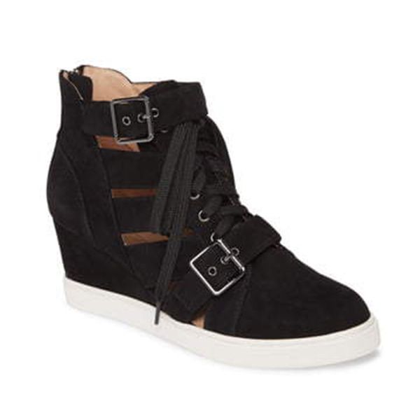 women side cut out metal buckle suede leather lace up sneaker thick sole short bottines 8 cm height increased heel casual shoes, Black
women side cut out metal buckle suede leather lace up sneaker thick sole short bottines 8 cm height increased heel casual shoes, Black