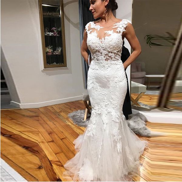 2020 elegant mermaid jewel neckline wedding dresses with appliques cap sleeve backless wedding dress tulle bridal gowns, White
2020 elegant mermaid jewel neckline wedding dresses with appliques cap sleeve backless wedding dress tulle bridal gowns, White