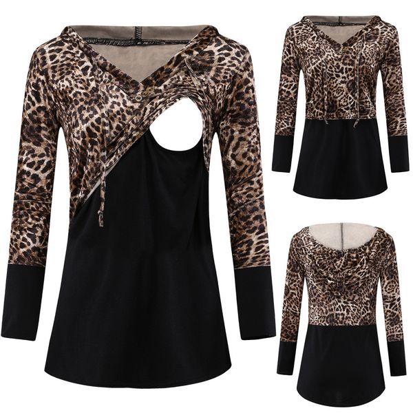 

Women Pregnant Nursing Maternity Sweatshirts For Breastfeeding Long Sleeve Splicing Print Leopard Blouse Tops #ss