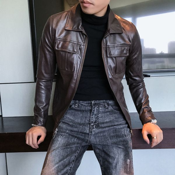 

2019 autumn new trend slim short lapels leather jacket men's korean youth british casual jacket shirt, Black;brown