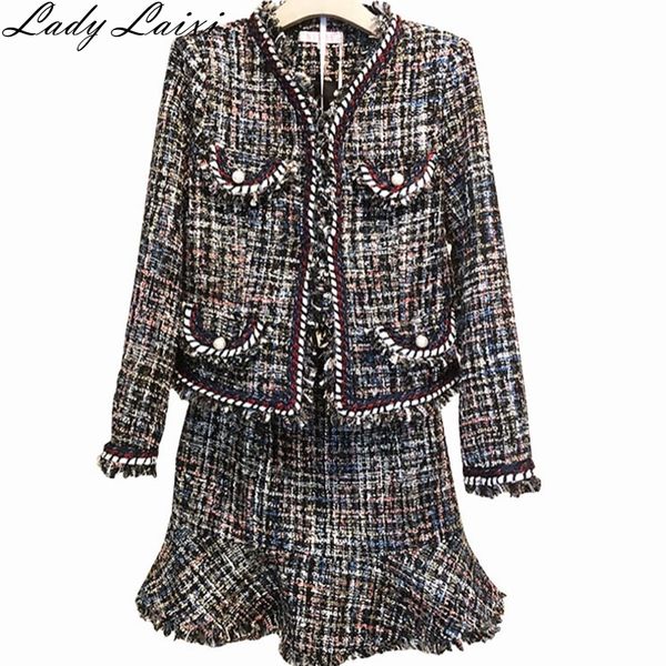 2018 autumn winter runway women 2 piece skirt set patchwork pearl thick tweed jacket coat + tassel mini mermaid skirt suits, Gray
2018 autumn winter runway women 2 piece skirt set patchwork pearl thick tweed jacket coat + tassel mini mermaid skirt suits, Gray