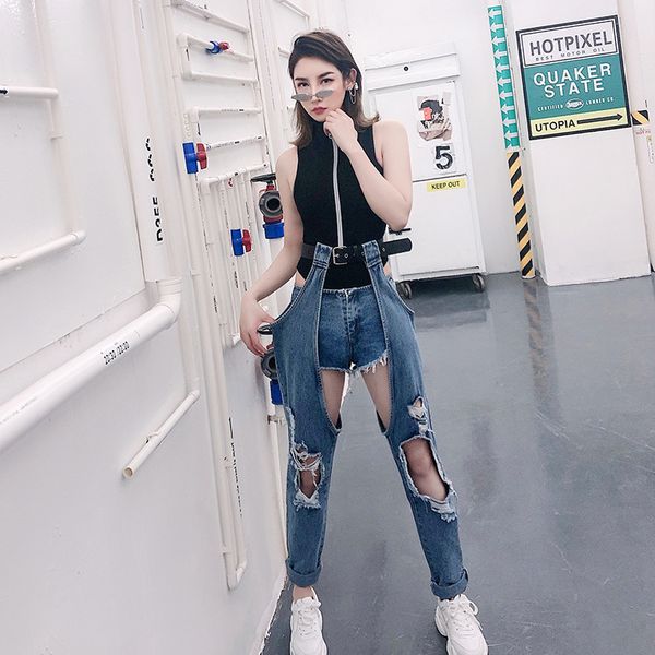 spring and summer european torn hollow-out the dew knee female personality leisure belt jeans trousers student street, Blue