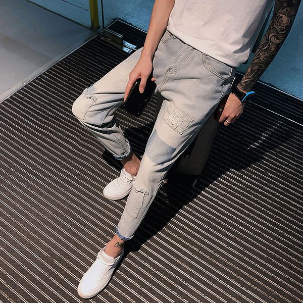 men's jeans 2020 spring and summer new solid color hole nine points jeans young personality fashion trend men's clothing, Blue
men's jeans 2020 spring and summer new solid color hole nine points jeans young personality fashion trend men's clothing, Blue