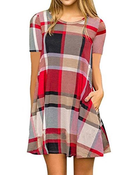 halife women's plaid print swing tunic mini dress short sleeve t shirt dress w/pockets, Black;gray