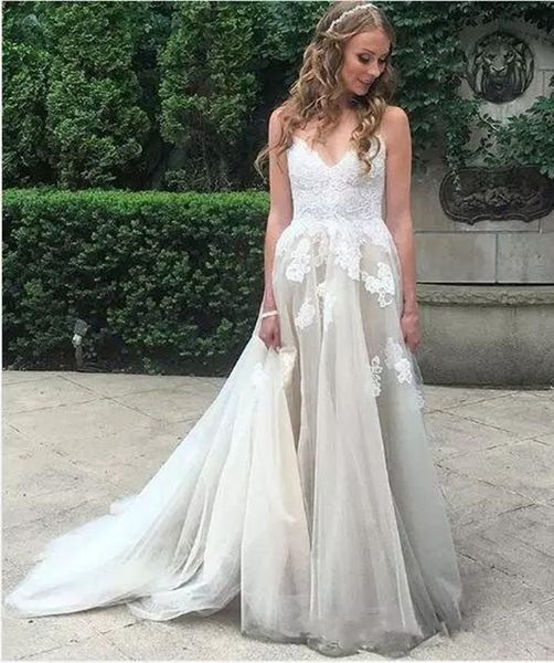 2020 new vintage spaghetti v neck wedding dresses a line lace appliques country garden bridal gowns special cutting wedding dress, White
2020 new vintage spaghetti v neck wedding dresses a line lace appliques country garden bridal gowns special cutting wedding dress, White