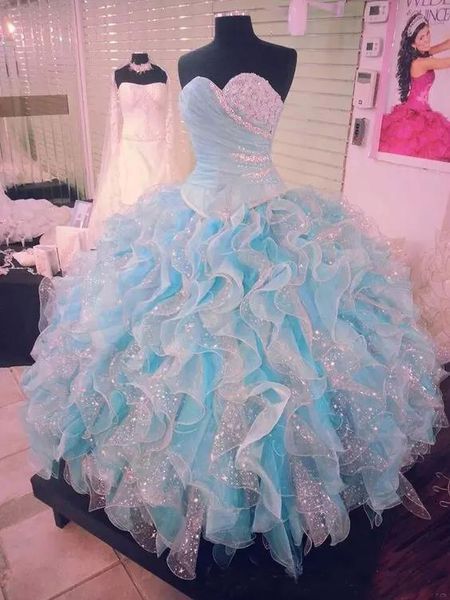 2018 New Light Sky Blue Beaded Ball Gown Quinceanera Dresses Sweetheart Neckline Pleated Prom Gowns Organza Ruffled Sweet 16 Dress
2018 New Light Sky Blue Beaded Ball Gown Quinceanera Dresses Sweetheart Neckline Pleated Prom Gowns Organza Ruffled Sweet 16 Dress