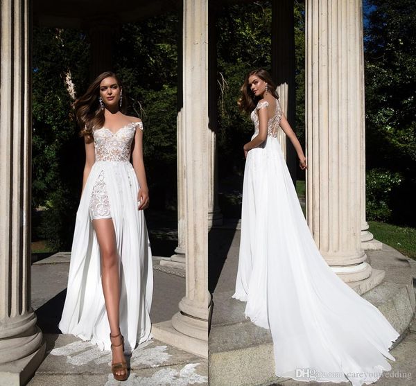 new summer beach bohemian sheath lace wedding dresses lace applique side split chiffon illusion back short wedding dress bridal gowns, White
new summer beach bohemian sheath lace wedding dresses lace applique side split chiffon illusion back short wedding dress bridal gowns, White