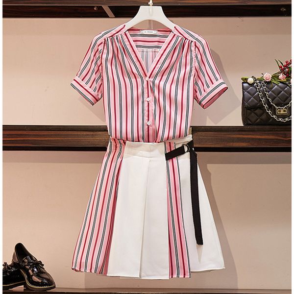 women summer office plus size two-pieces suit v-neck short sleeve striped blouse shirt + lace-up pleated mini skirt set, White
women summer office plus size two-pieces suit v-neck short sleeve striped blouse shirt + lace-up pleated mini skirt set, White
