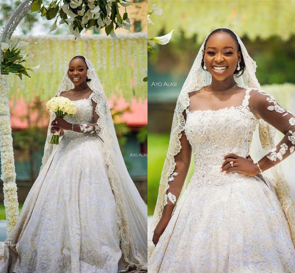 african gold lace appliqued a-line wedding dress with long sleeves luxury black girl beaded plus size bridal gown, White
african gold lace appliqued a-line wedding dress with long sleeves luxury black girl beaded plus size bridal gown, White