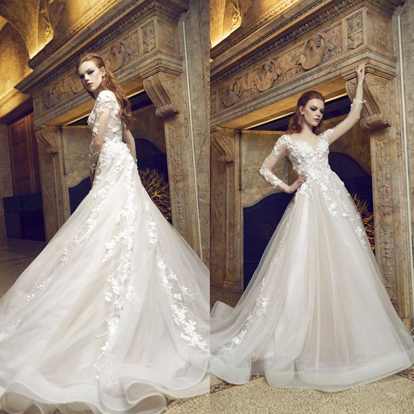 wedding dresses v-neck long sleeve appliqued lace tulle a line bridal gown sell sweep train custom made robes de mariée, White
wedding dresses v-neck long sleeve appliqued lace tulle a line bridal gown sell sweep train custom made robes de mariée, White