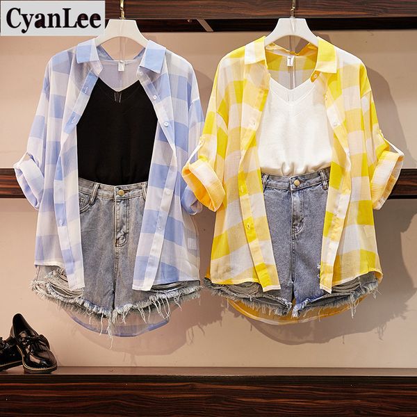 spring summer casual women three piece sets plaid shirt blouse + knit tank hole jean shorts denim pants suit set 3 piece set, White
spring summer casual women three piece sets plaid shirt blouse + knit tank hole jean shorts denim pants suit set 3 piece set, White