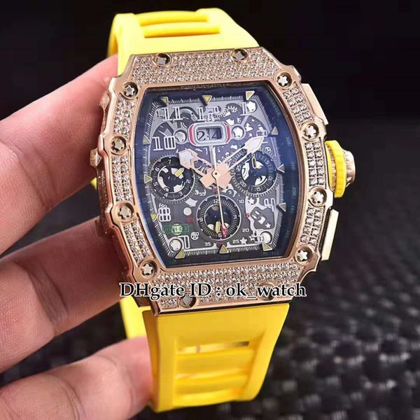 12 colors 11-03 rose gold case diamond bezel big date flyback chrono skeleton dial automatic mens watch yellow rubber strap sport watch, Slivery;brown
12 colors 11-03 rose gold case diamond bezel big date flyback chrono skeleton dial automatic mens watch yellow rubber strap sport watch, Slivery;brown