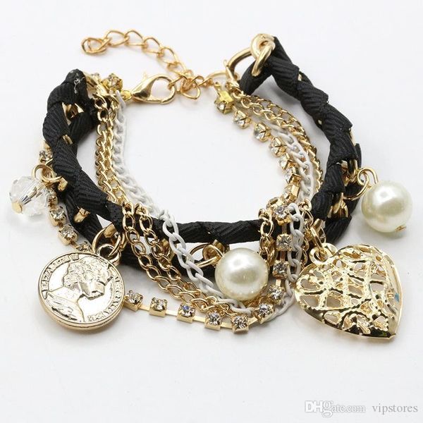 lovely multilayer knitted hollow heart pearl coin charm bracelet diamond charm bracelet jewelry leather crystal pearl bead bangle bracelets, Golden;silver 
lovely multilayer knitted hollow heart pearl coin charm bracelet diamond charm bracelet jewelry leather crystal pearl bead bangle bracelets, Golden;silver