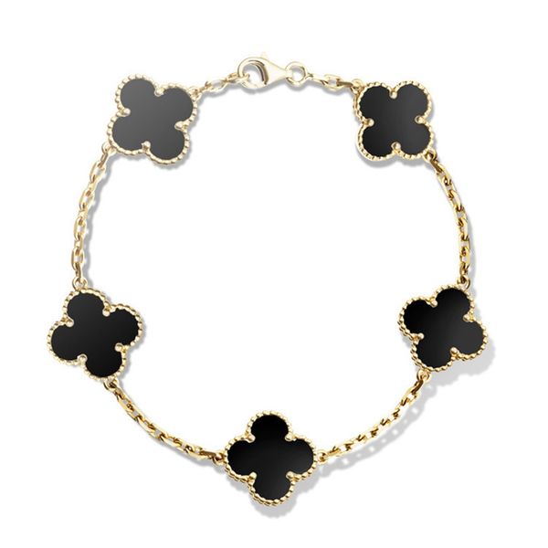 gold four-leaf clover bracelets with logo buckle natural black onyx sardonyx white agate clover charm designer bracelets for women gift, Golden;silver 
gold four-leaf clover bracelets with logo buckle natural black onyx sardonyx white agate clover charm designer bracelets for women gift, Golden;silver