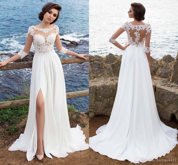 a line beach wedding dresses scoop illusion lace applique 3/4 long sleeves backless side split chiffon bohemian summer bridal gowns, White
a line beach wedding dresses scoop illusion lace applique 3/4 long sleeves backless side split chiffon bohemian summer bridal gowns, White