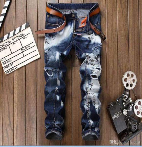 men's hit color stitch hole luxury jeans new designer men jeans famous brand slim fit mens printed jeans denim pants 5002, Blue
men's hit color stitch hole luxury jeans new designer men jeans famous brand slim fit mens printed jeans denim pants 5002, Blue