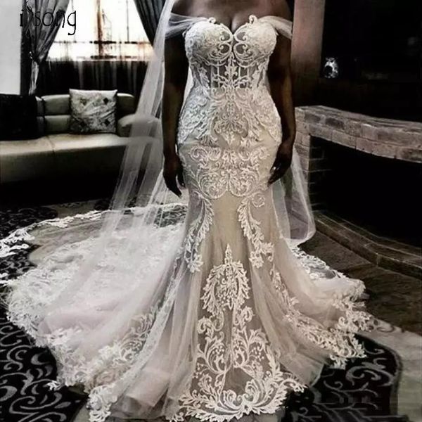 luxury mermaid wedding dresses illusion satin lace appliques off shoulder wedding dress lace up elegant bridal gowns, White
luxury mermaid wedding dresses illusion satin lace appliques off shoulder wedding dress lace up elegant bridal gowns, White