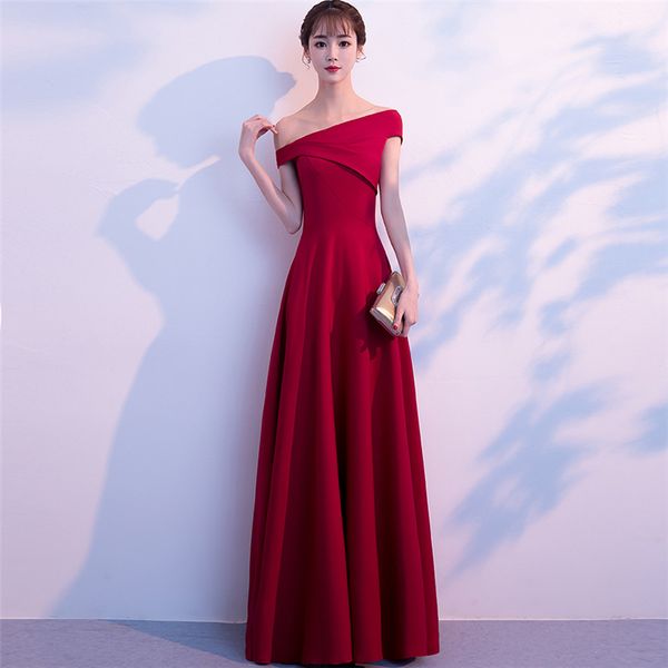 

dress for toast bride evening gown 2019 spring new style off-shoulder long slimming marriage banquet long dress women's, Red
