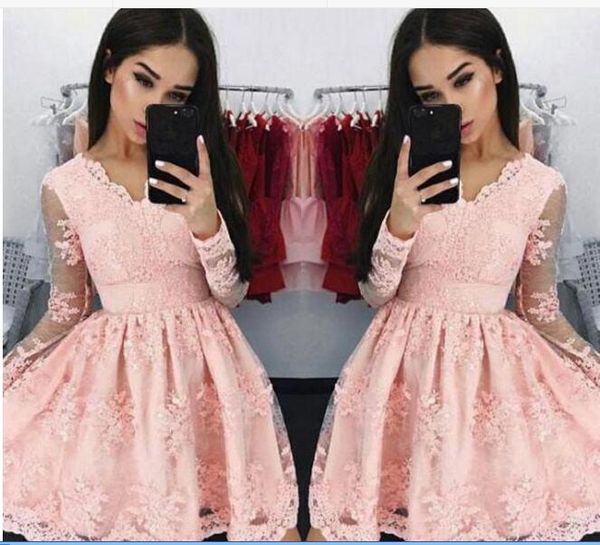 pink vintage v neck short cocktail dresses sheer long sleeves full lace tulle formal party wear homecoming dress graduation wear, Red
pink vintage v neck short cocktail dresses sheer long sleeves full lace tulle formal party wear homecoming dress graduation wear, Red