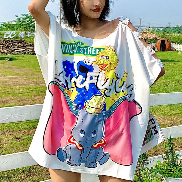 3 styles oversize loose summer pullovers cartoon sequins long tees hollow out shoulder round neck, White
3 styles oversize loose summer pullovers cartoon sequins long tees hollow out shoulder round neck, White