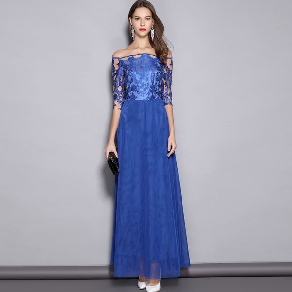 women's slash neckline 3/4 sleeves embroidery lace patchwork party prom elegant long designer runway dresses, Black
women's slash neckline 3/4 sleeves embroidery lace patchwork party prom elegant long designer runway dresses, Black