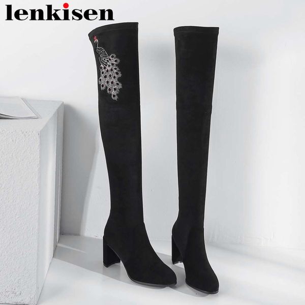 2019 beauty animal embroidery flock round toe high heels slip on streetwear slender stretch thigh high boots l19, Black
2019 beauty animal embroidery flock round toe high heels slip on streetwear slender stretch thigh high boots l19, Black