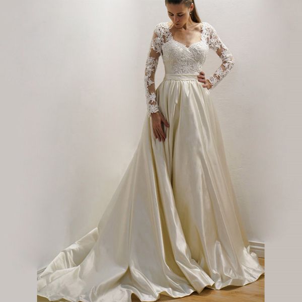 long sleeve wedding dresses lace sweetheart neckline satin skirt a line sweep trail bridal gowns sheer back vestido de noiva, White
long sleeve wedding dresses lace sweetheart neckline satin skirt a line sweep trail bridal gowns sheer back vestido de noiva, White