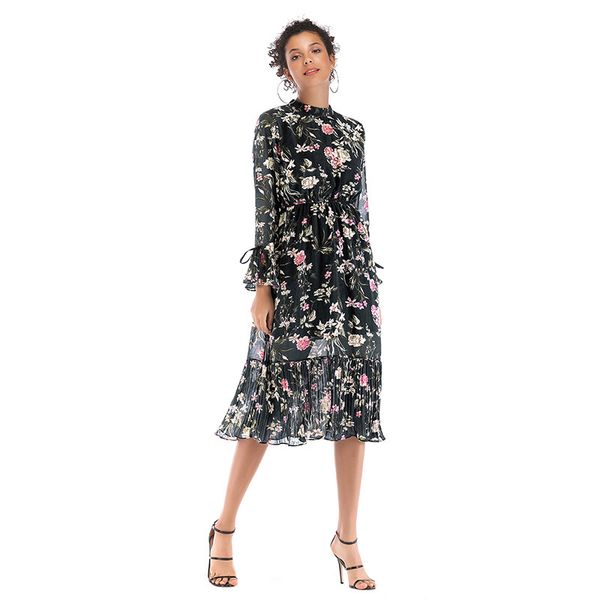 women's wear a long-sleeved chiffon dress with trumpet sleeves fashion, Black;gray
women's wear a long-sleeved chiffon dress with trumpet sleeves fashion, Black;gray