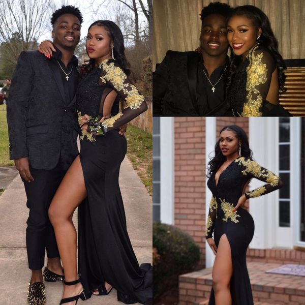 Black Girls Mermaid Prom Dresses V Neck Gold Lace Appliques Side Split Long Sleeve African Evening Gowns Sweep Train Satin Party Dress
Black Girls Mermaid Prom Dresses V Neck Gold Lace Appliques Side Split Long Sleeve African Evening Gowns Sweep Train Satin Party Dress