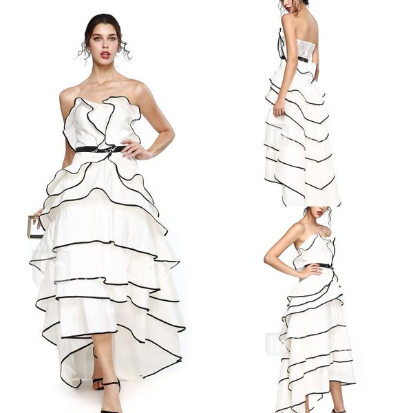 2020 modest strapless sleeveless high low a line evening dresses ruffles lace applique sash formal dresses sweep train party gown, Black;red
2020 modest strapless sleeveless high low a line evening dresses ruffles lace applique sash formal dresses sweep train party gown, Black;red