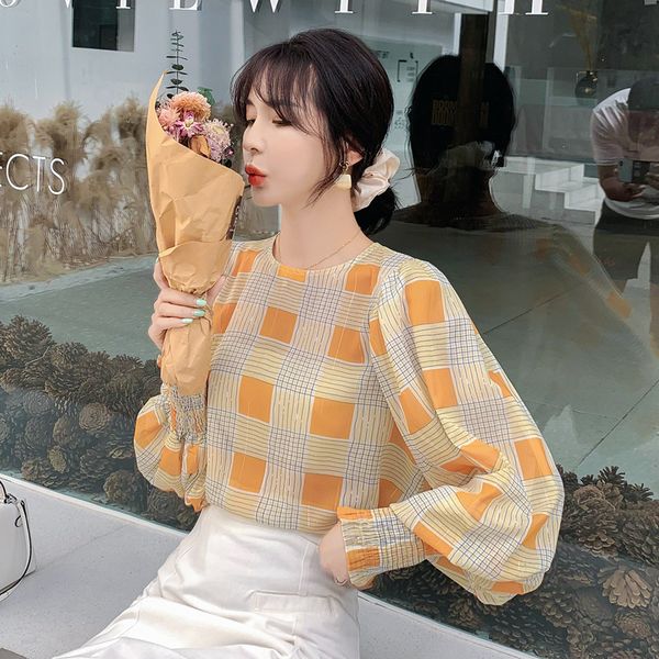 2020 spring new style plaid long sleeve chiffon shirt women's elegant puff sleeve western style, White
2020 spring new style plaid long sleeve chiffon shirt women's elegant puff sleeve western style, White