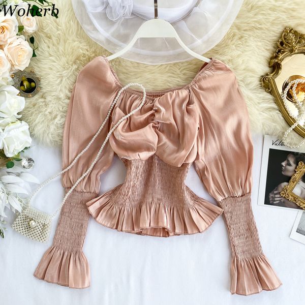 woherb vintage fashion solid slash neck long puff sleeve shirts women slim waist pleated short korean fashion new 91189, White
woherb vintage fashion solid slash neck long puff sleeve shirts women slim waist pleated short korean fashion new 91189, White