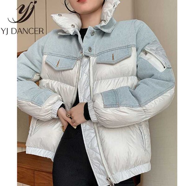 women's down & parkas 2021 winter fashion denim stitching jacket women loose white duck coat collar korean thick warm overcoat zzz233, Black
women's down & parkas 2021 winter fashion denim stitching jacket women loose white duck coat collar korean thick warm overcoat zzz233, Black