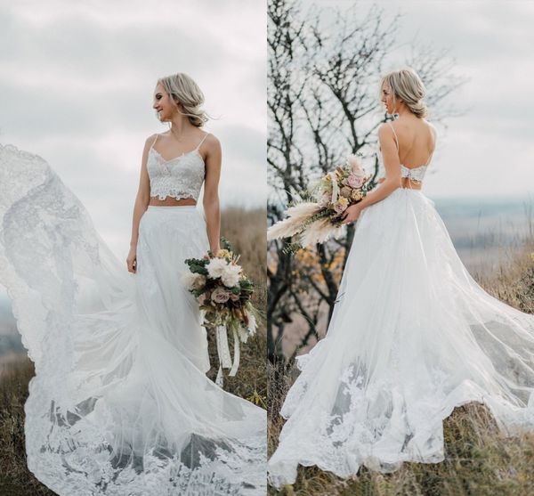 modest two pieces country wedding dresses bridal gown lace straps open back court train tulle wedding reception dress, White
modest two pieces country wedding dresses bridal gown lace straps open back court train tulle wedding reception dress, White