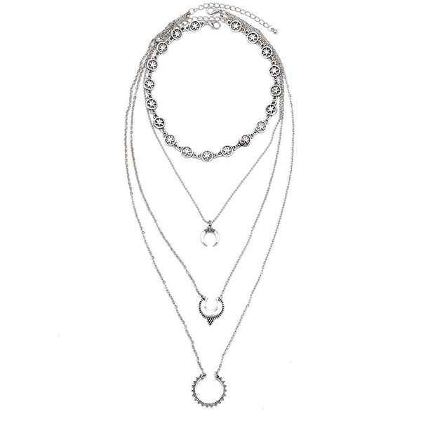 retro carved star crescent moon multilayer geometric for women tassel chain pendants necklaces jewelry, Silver 
retro carved star crescent moon multilayer geometric for women tassel chain pendants necklaces jewelry, Silver